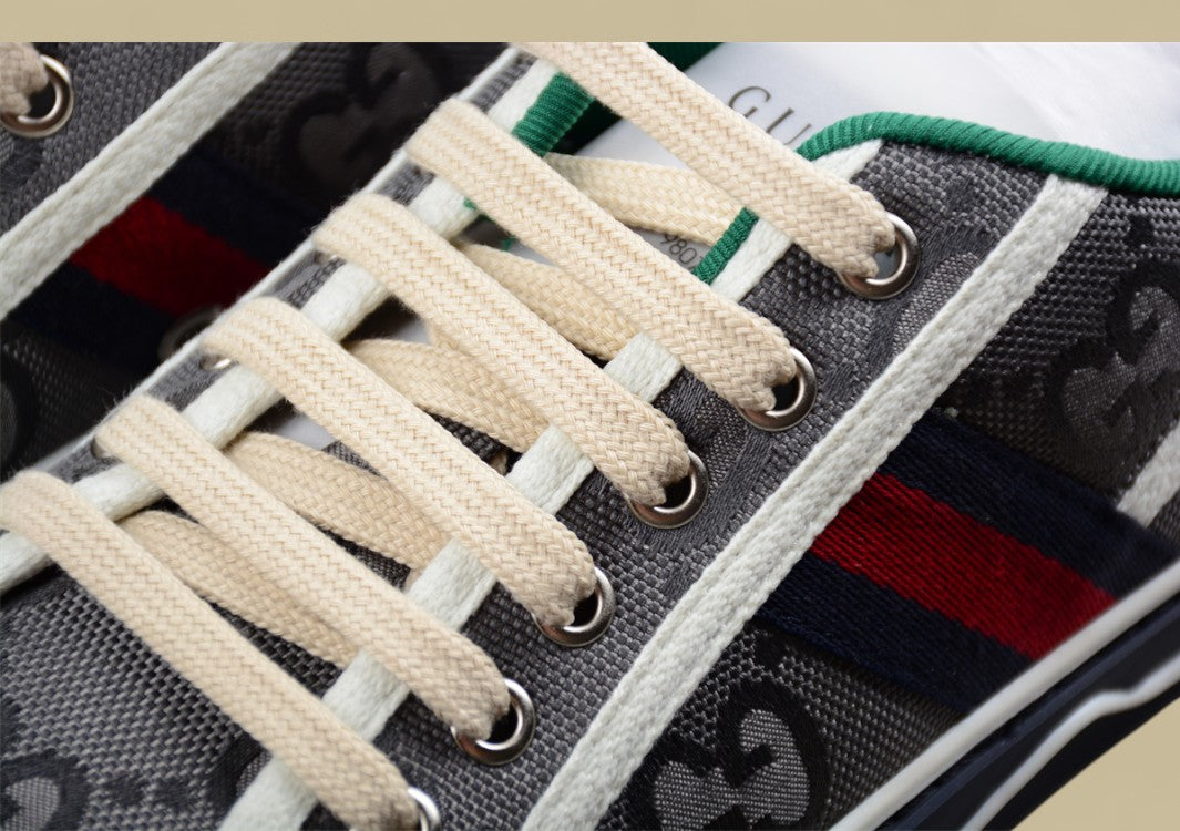 Gucci Tennis 1977 Low GG Monogram Canvas in Gray with Web Stripe & Navy Sole