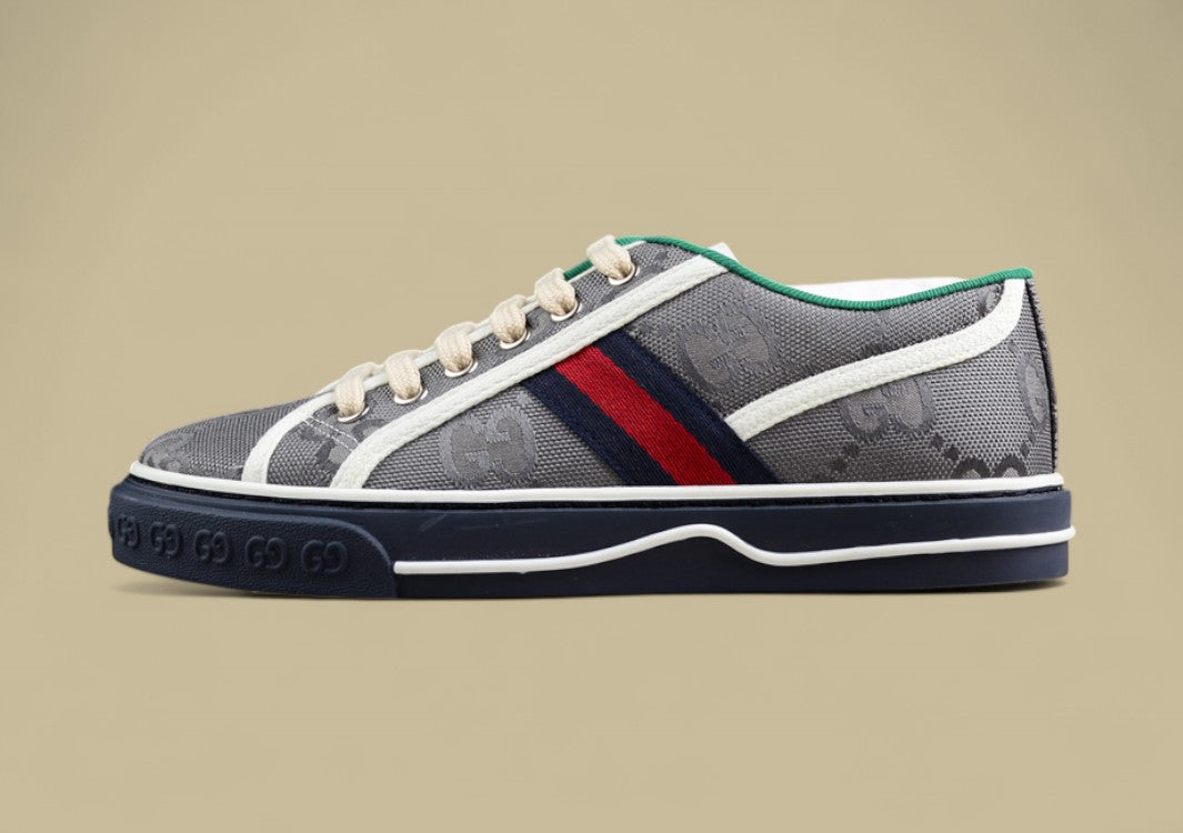Gucci Tennis 1977 Low GG Monogram Canvas in Gray with Web Stripe & Navy Sole