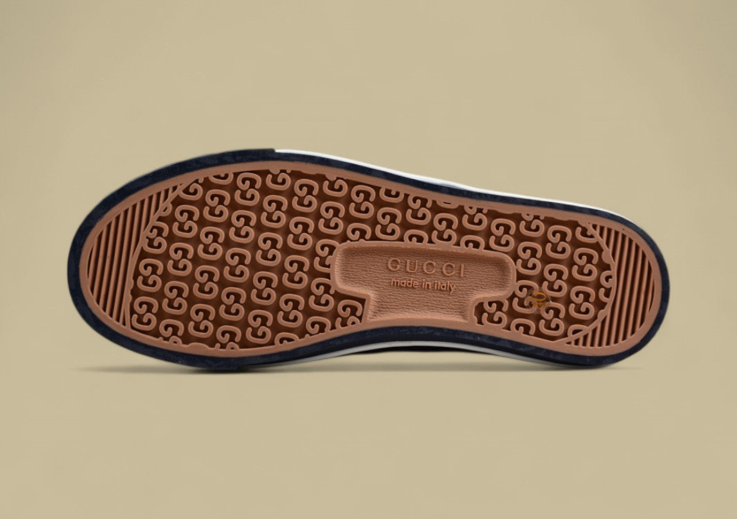 Gucci Tennis 1977 Low GG Monogram Canvas in Gray with Web Stripe & Navy Sole