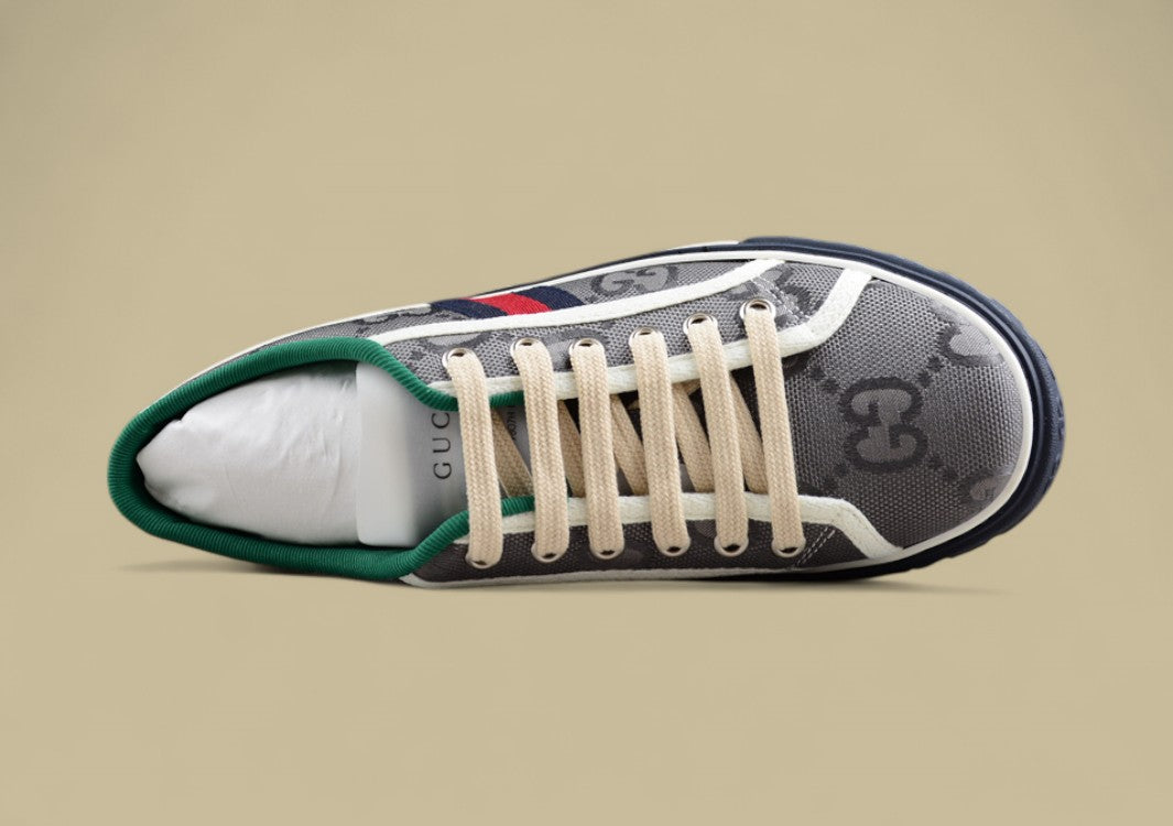 Gucci Tennis 1977 Low GG Monogram Canvas in Gray with Web Stripe & Navy Sole