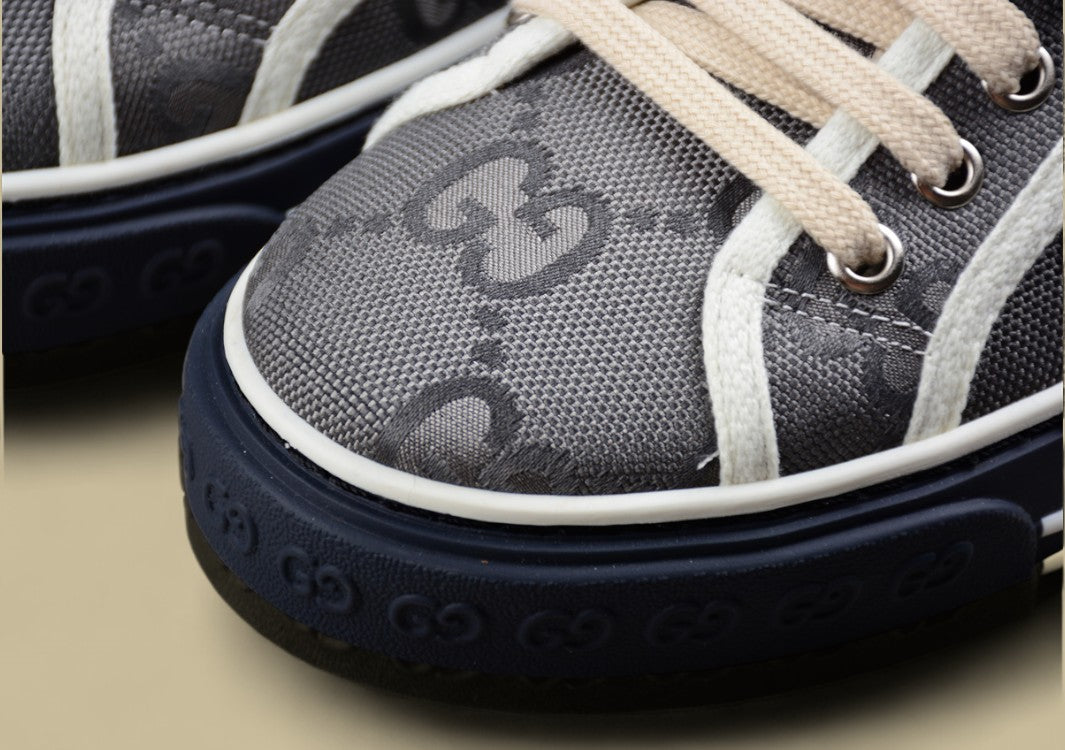 Gucci Tennis 1977 Low GG Monogram Canvas in Gray with Web Stripe & Navy Sole