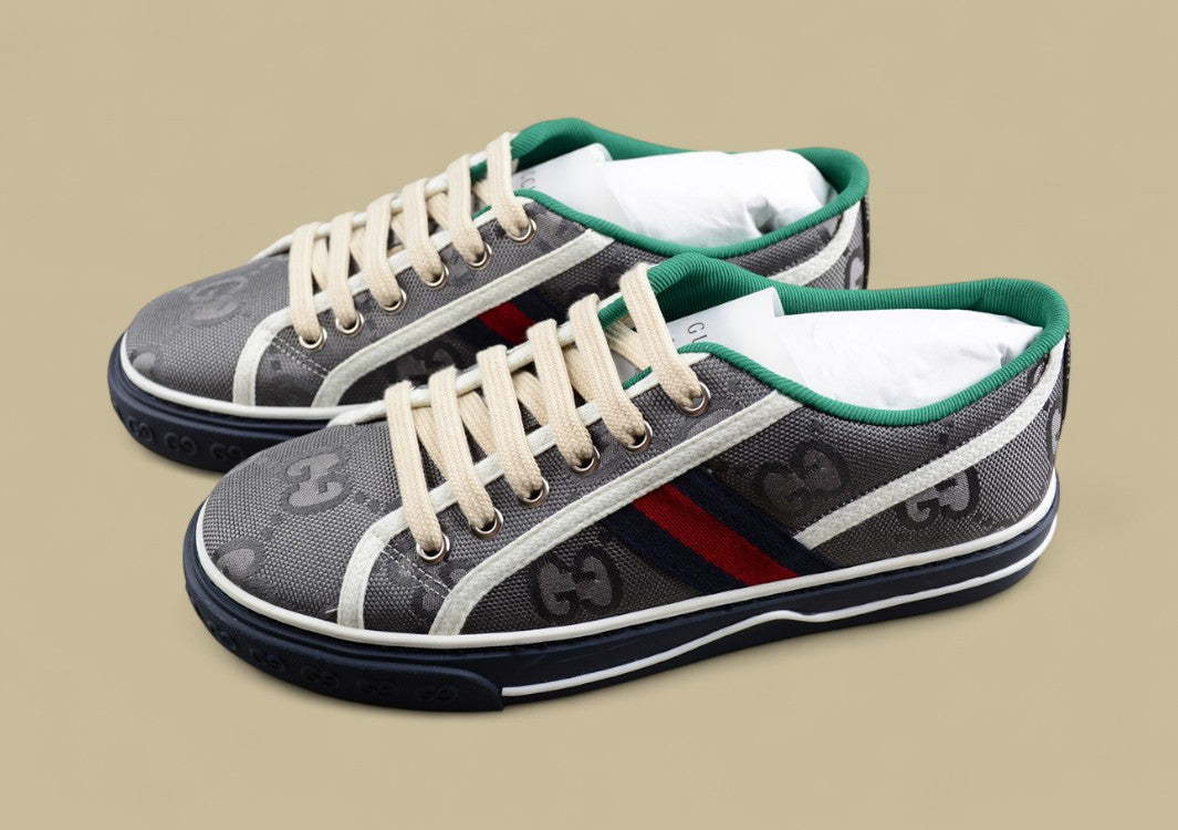Gucci Tennis 1977 Low GG Monogram Canvas in Gray with Web Stripe & Navy Sole