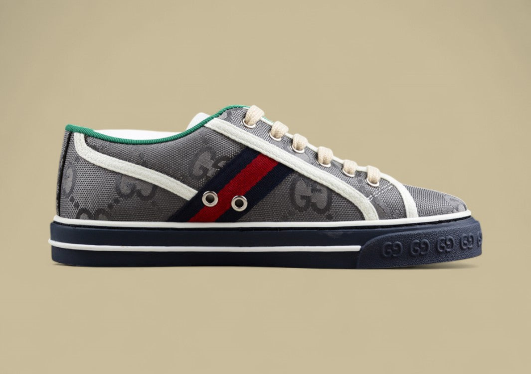Gucci Tennis 1977 Low GG Monogram Canvas in Gray with Web Stripe & Navy Sole