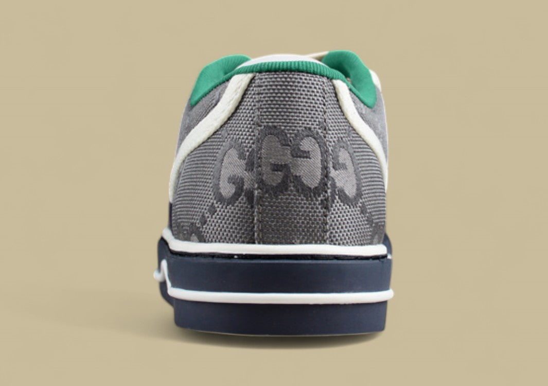 Gucci Tennis 1977 Low GG Monogram Canvas in Gray with Web Stripe & Navy Sole