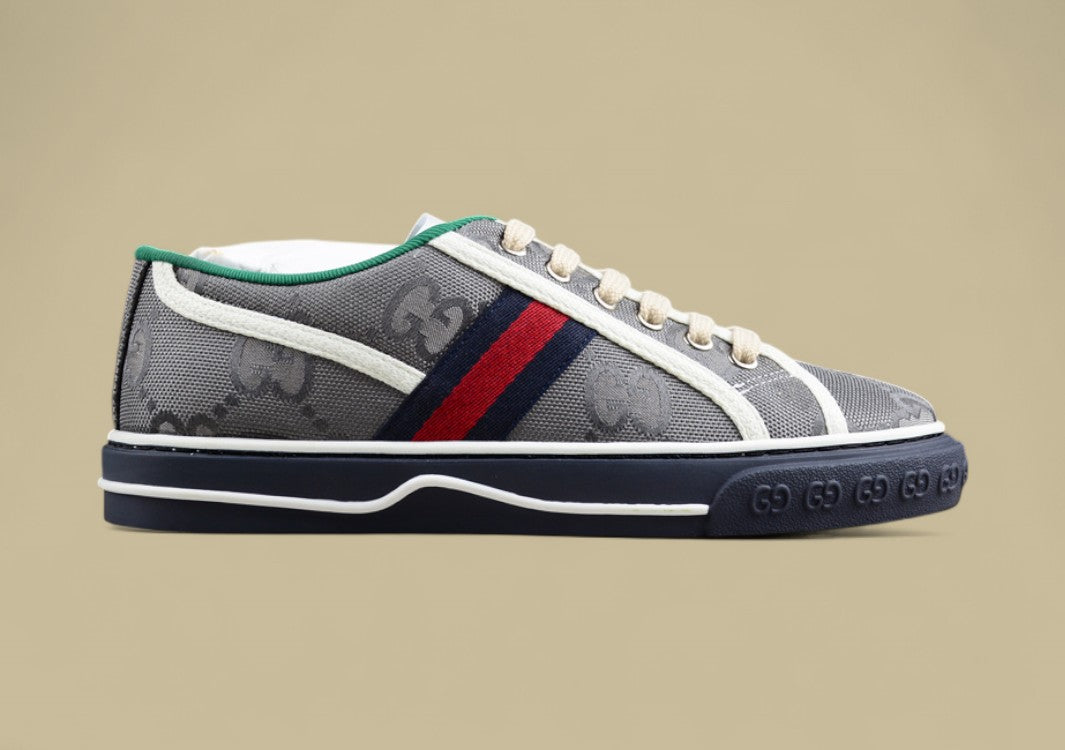 Gucci Tennis 1977 Low GG Monogram Canvas in Gray with Web Stripe & Navy Sole