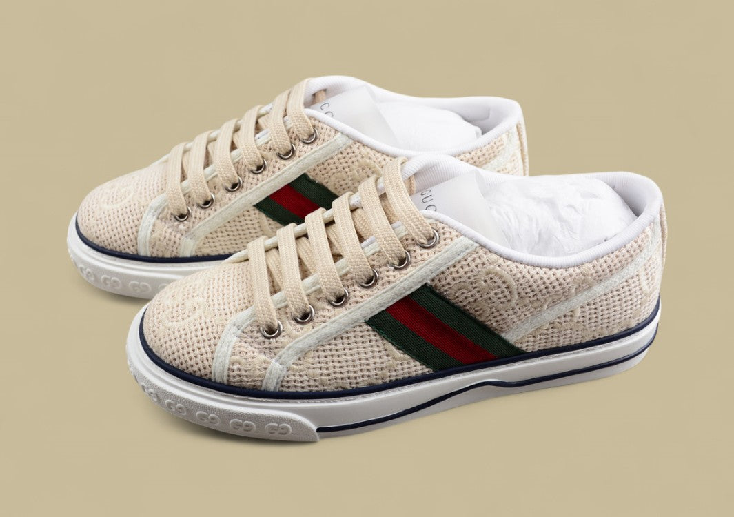Gucci Tennis Beige GG Woven Knit Low-Top Sneaker