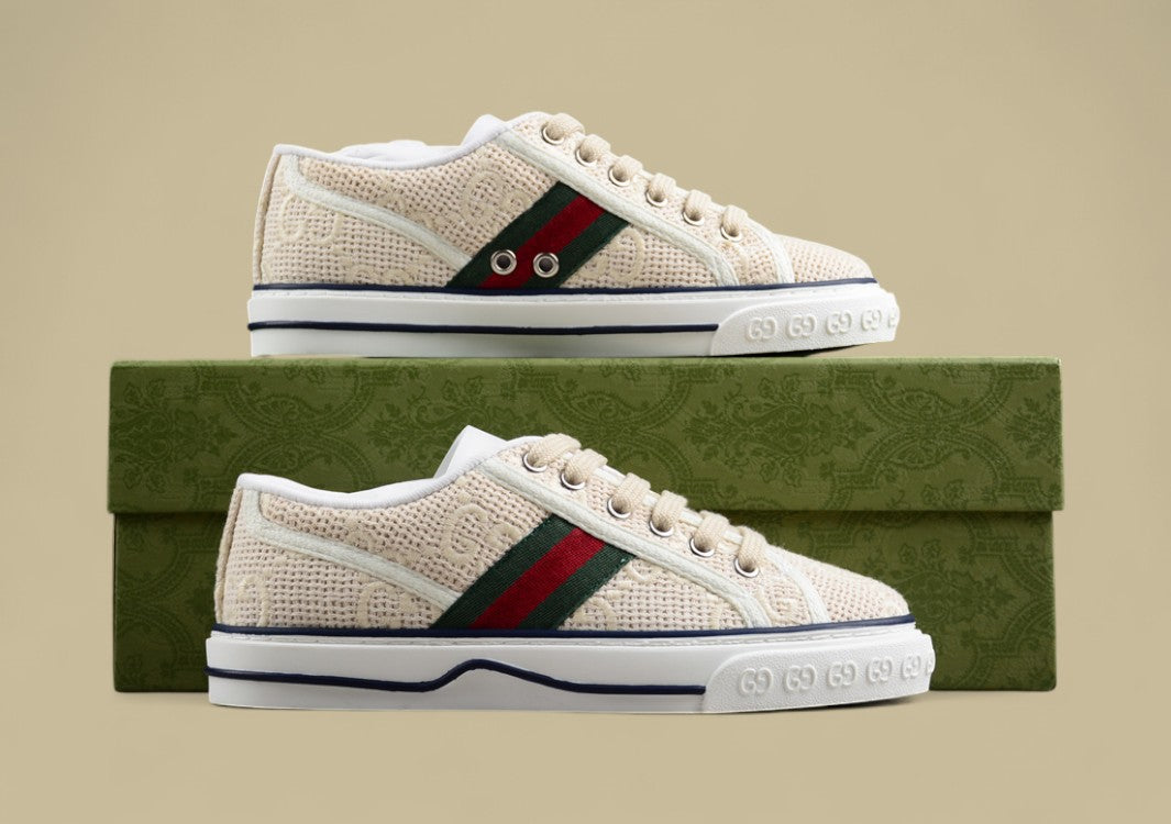 Gucci Tennis Beige GG Woven Knit Low-Top Sneaker