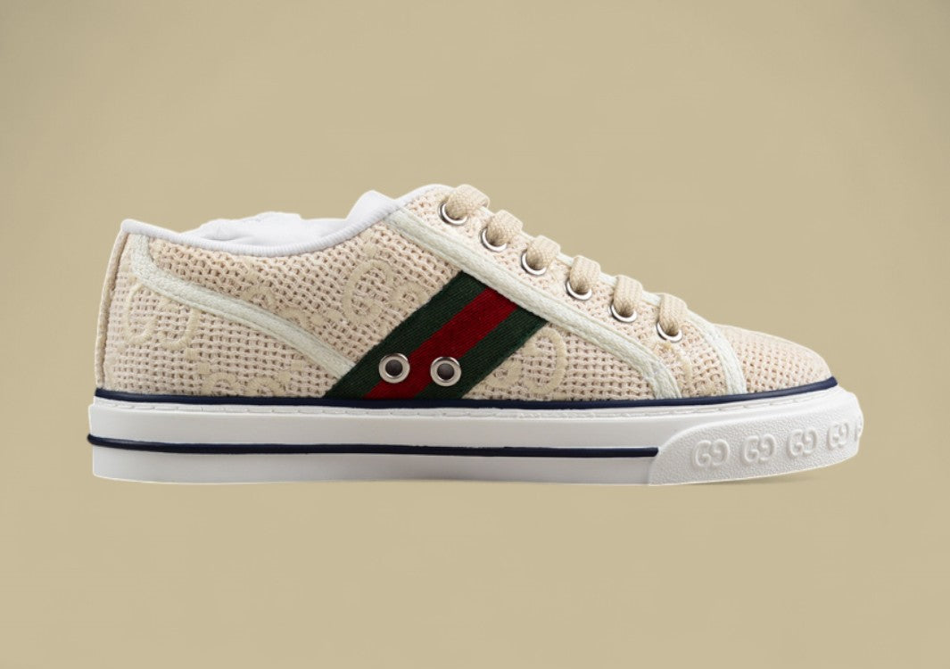 Gucci Tennis Beige GG Woven Knit Low-Top Sneaker