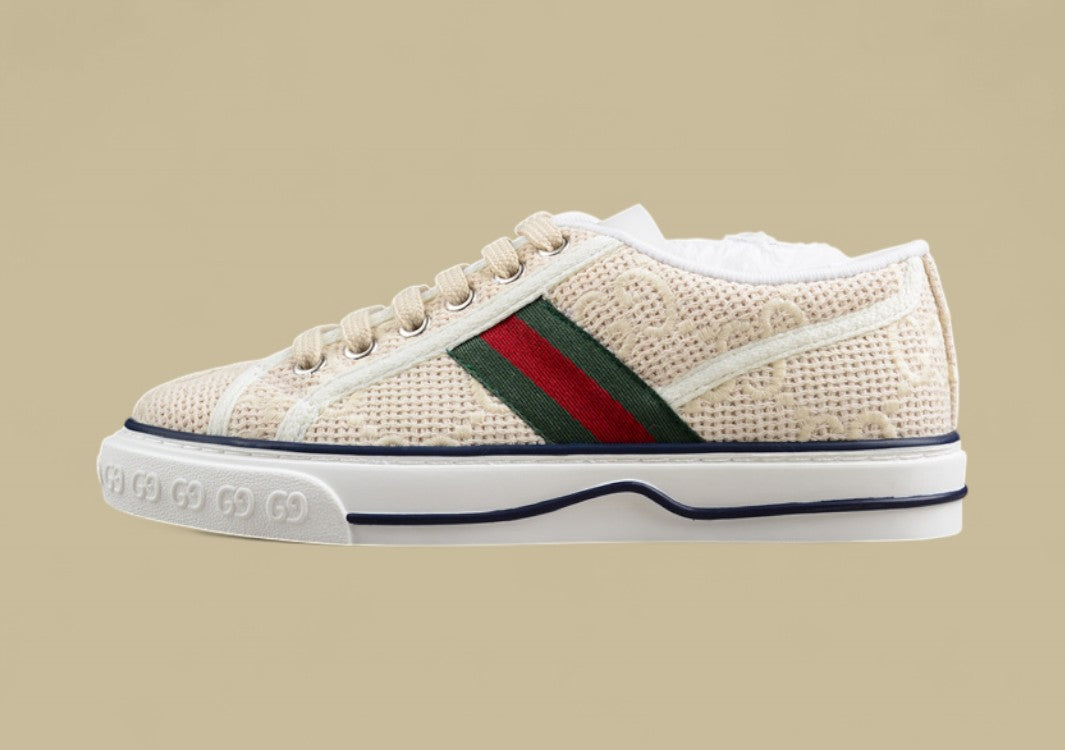 Gucci Tennis Beige GG Woven Knit Low-Top Sneaker