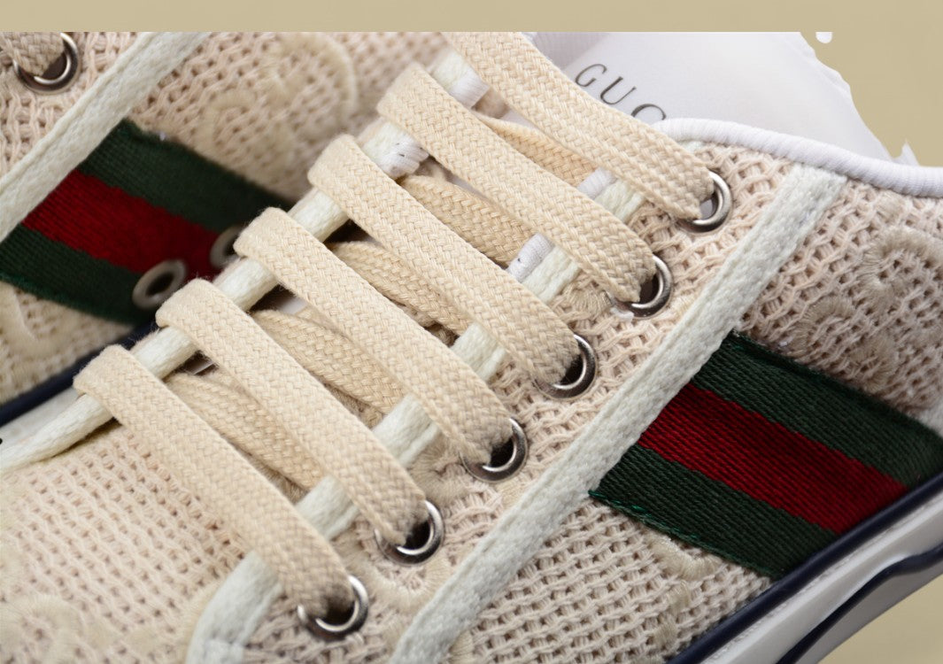 Gucci Tennis Beige GG Woven Knit Low-Top Sneaker