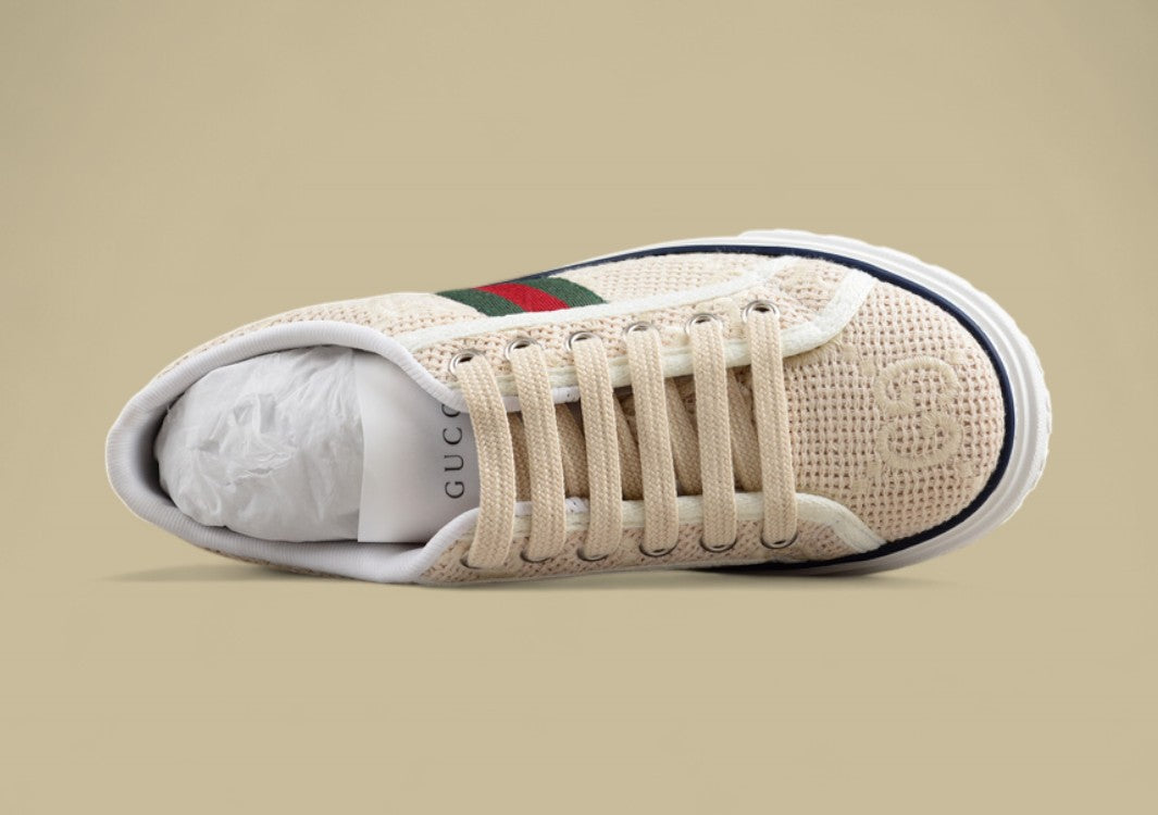 Gucci Tennis Beige GG Woven Knit Low-Top Sneaker