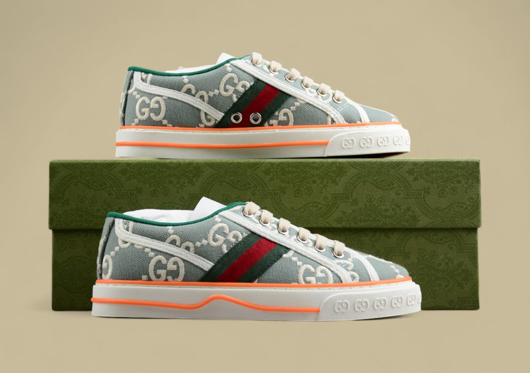 Gucci Tennis Low-Top Sneaker In Green GG Embroidered Canvas