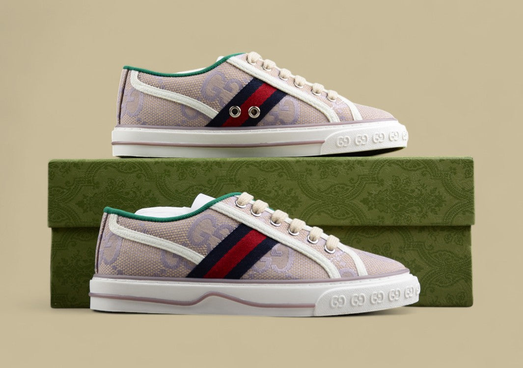 Gucci Tennis Low-Top Sneaker In Beige Purple GG Monogram Canvas