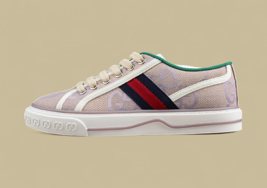 Gucci Tennis Low-Top Sneaker In Beige Purple GG Monogram Canvas