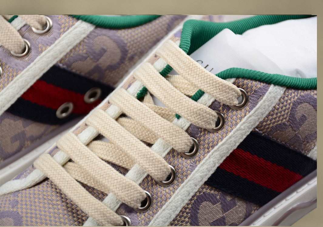 Gucci Tennis Low-Top Sneaker In Beige Purple GG Monogram Canvas