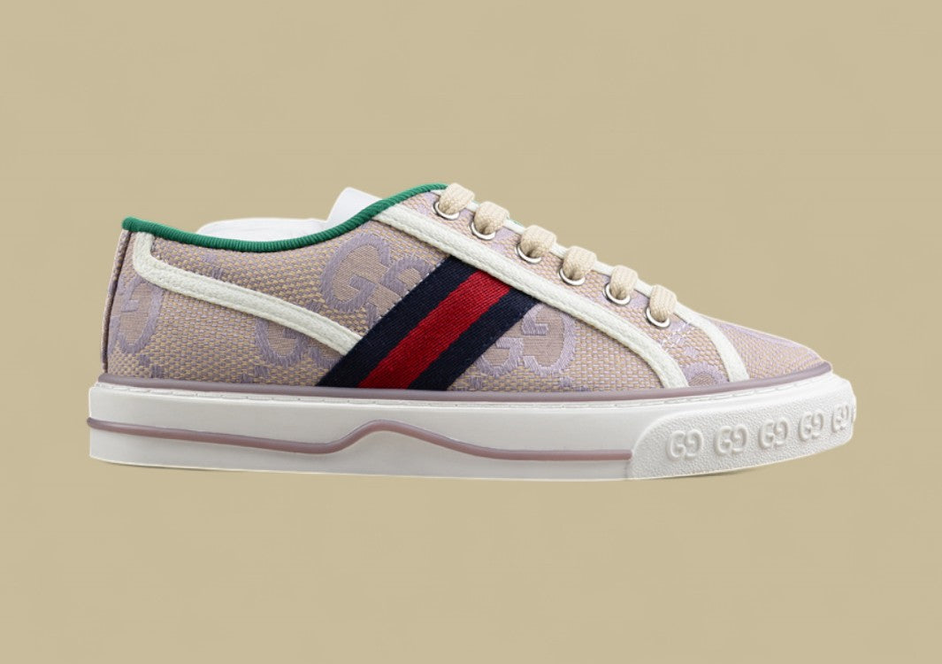 Gucci Tennis Low-Top Sneaker In Beige Purple GG Monogram Canvas