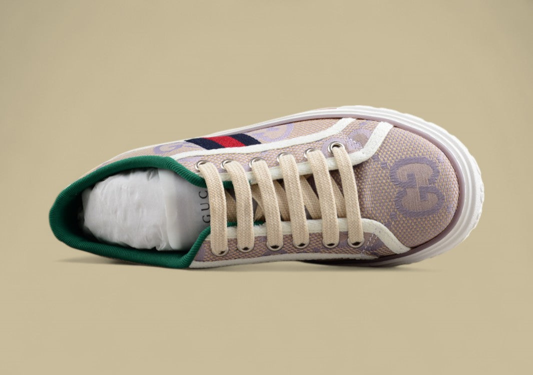 Gucci Tennis Low-Top Sneaker In Beige Purple GG Monogram Canvas