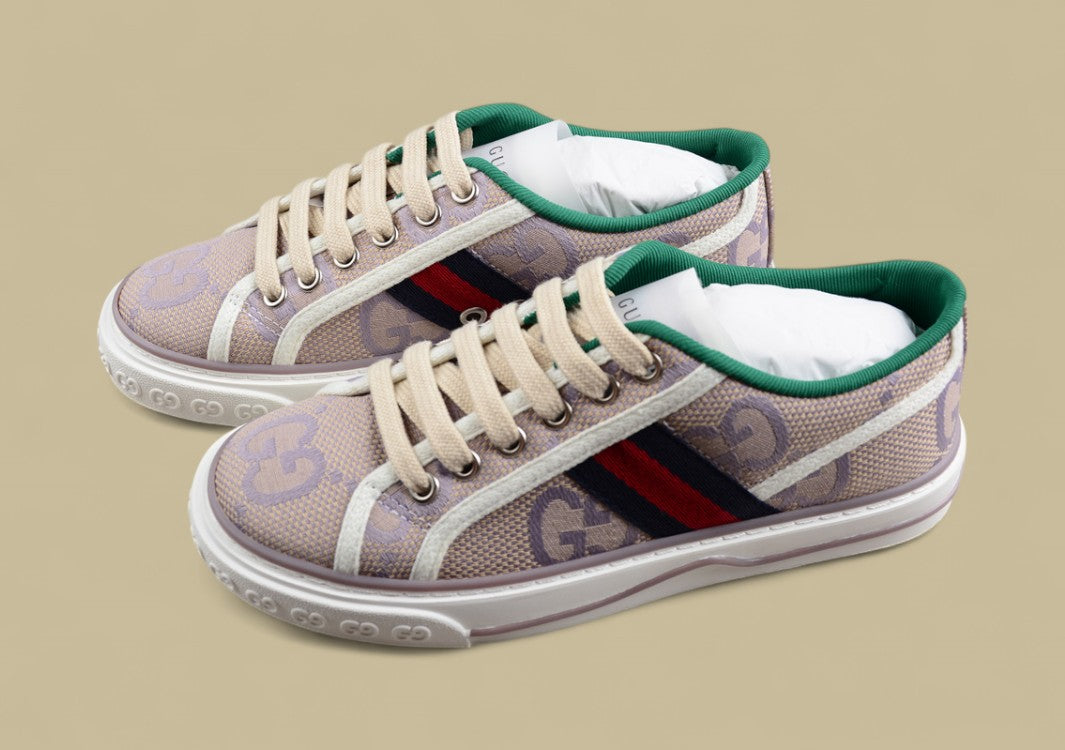 Gucci Tennis Low-Top Sneaker In Beige Purple GG Monogram Canvas