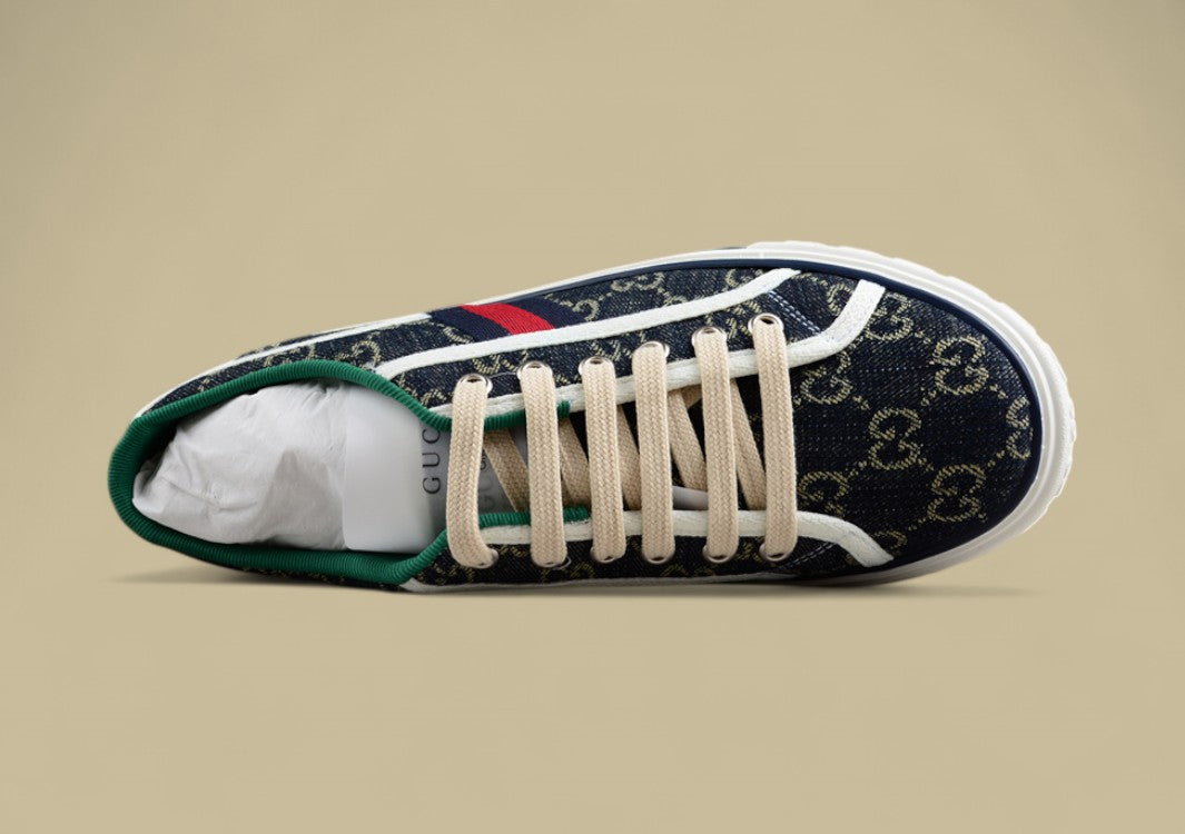 Gucci Tennis Low Navy GG Monogram Denim with Web Stripe Sneaker