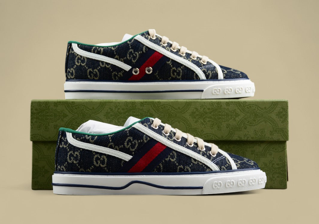 Gucci Tennis Low Navy GG Monogram Denim with Web Stripe Sneaker
