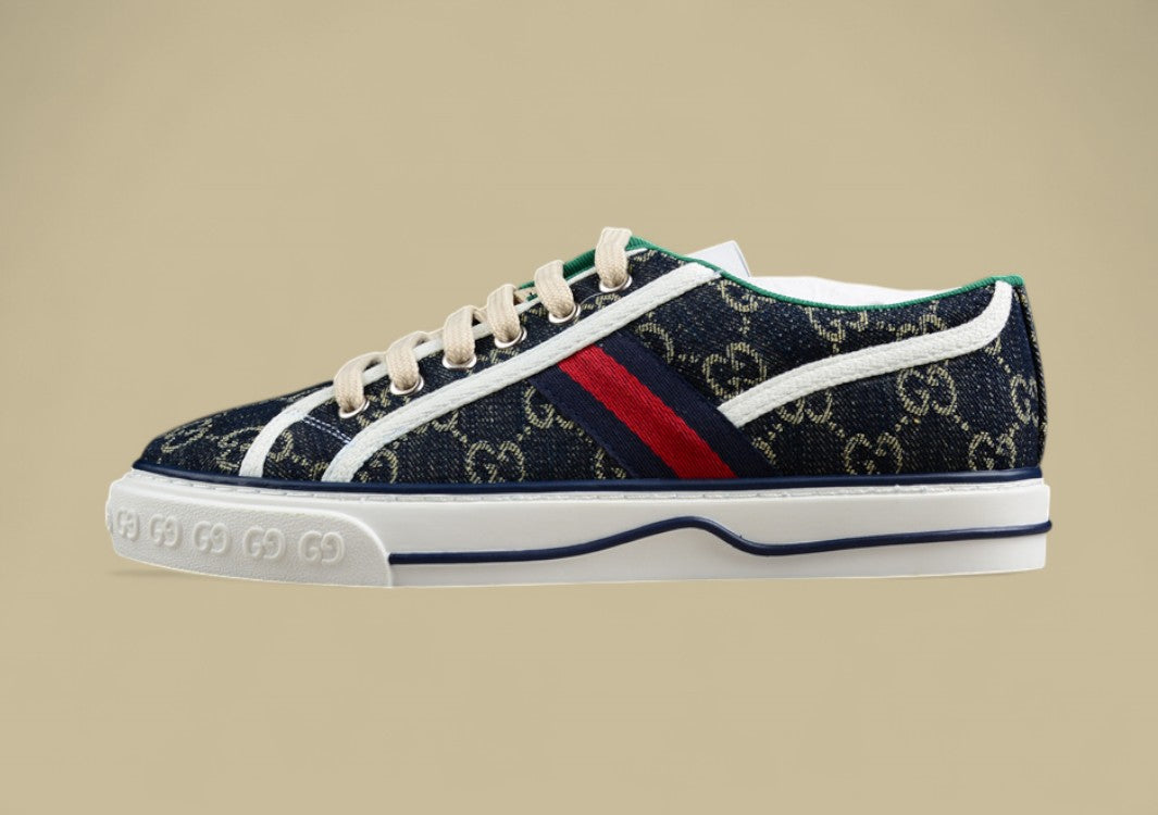 Gucci Tennis Low Navy GG Monogram Denim with Web Stripe Sneaker