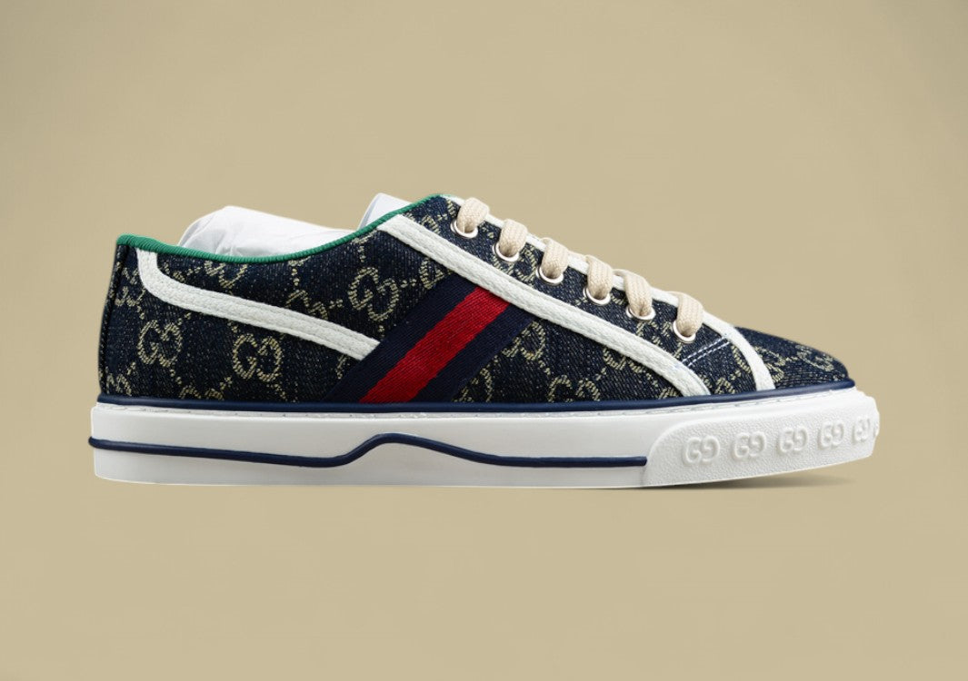 Gucci Tennis Low Navy GG Monogram Denim with Web Stripe Sneaker