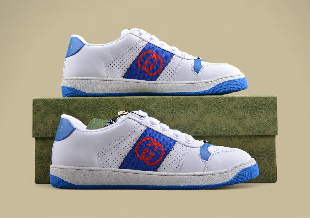Gucci White Ace Sneakers Blue & Red Stripe Low-Tops with Retro Tennis Flair
