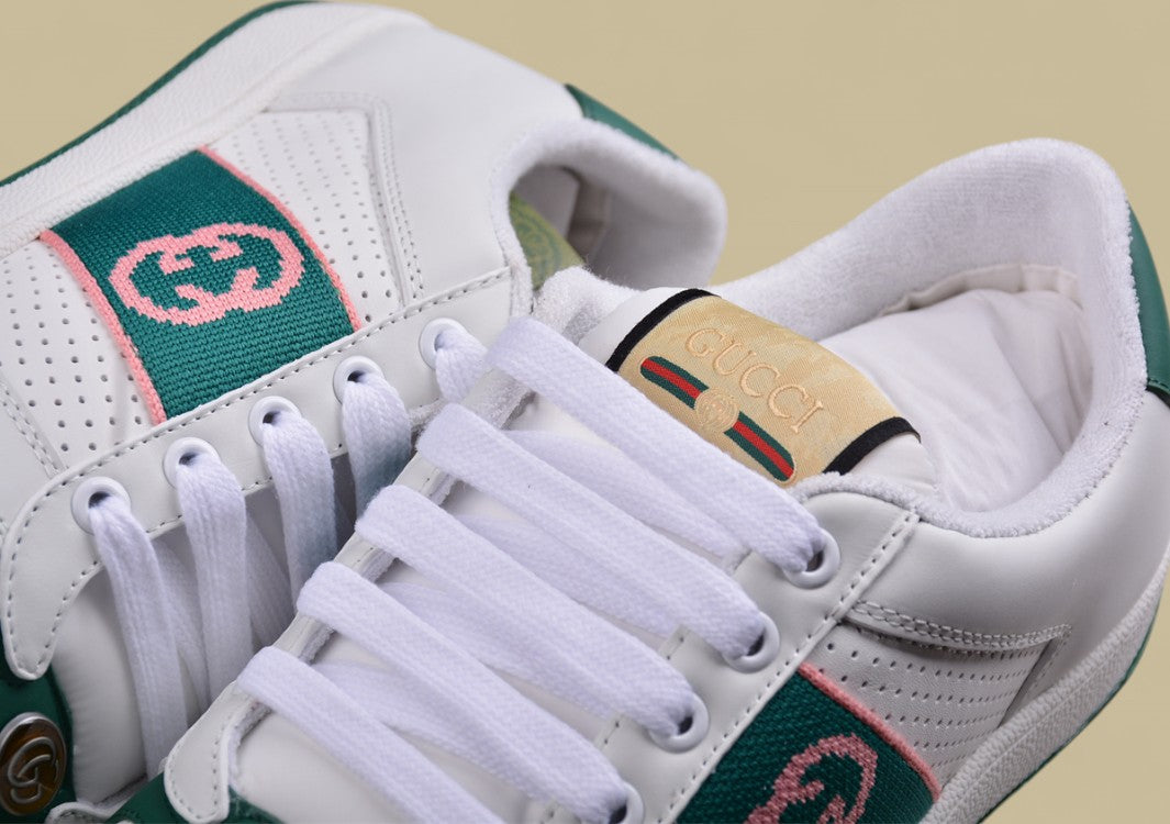 Gucci White Ace Sneakers Classic Leather Low-Tops with Green & Pink Web Stripe