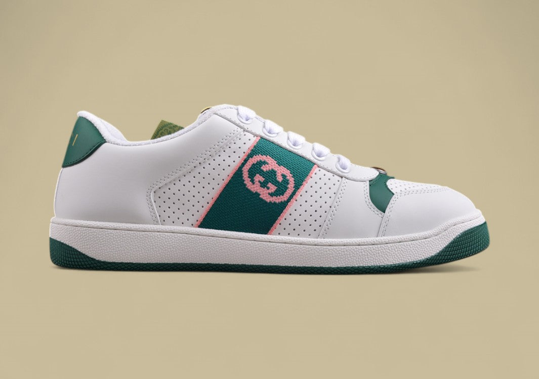 Gucci White Ace Sneakers Classic Leather Low-Tops with Green & Pink Web Stripe