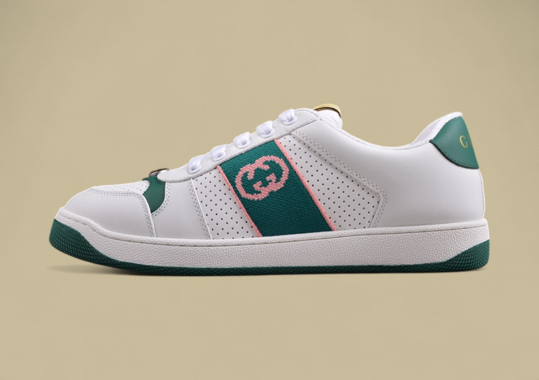 Gucci White Ace Sneakers Classic Leather Low-Tops with Green & Pink Web Stripe