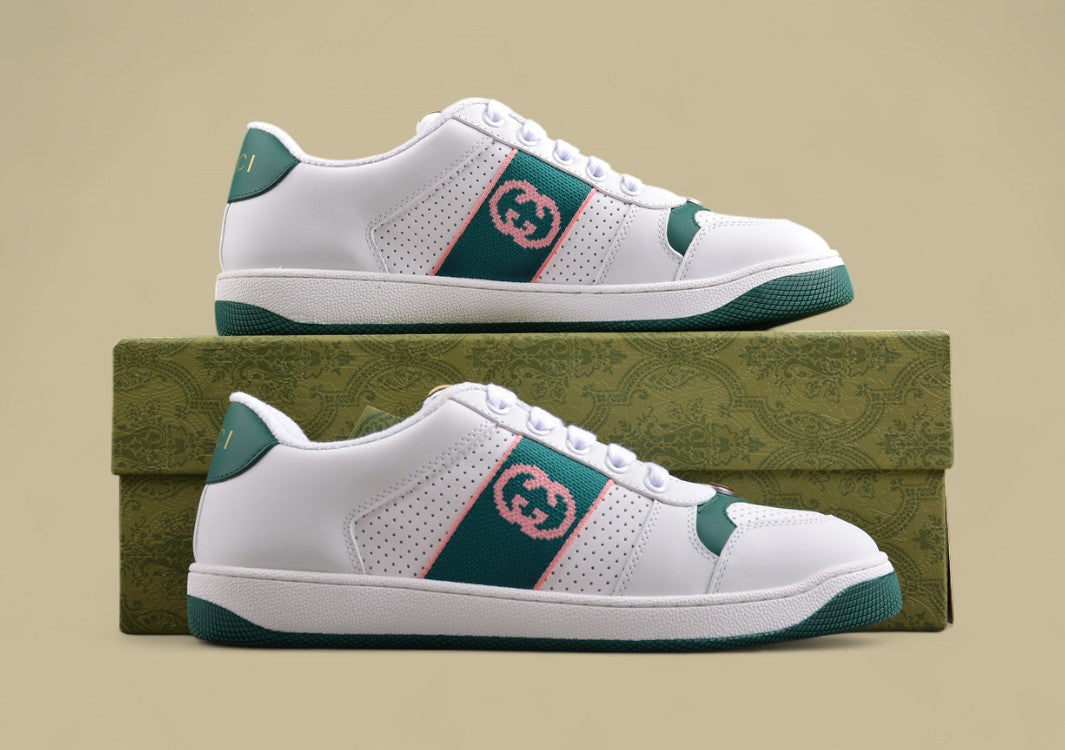 Gucci White Ace Sneakers Classic Leather Low-Tops with Green & Pink Web Stripe