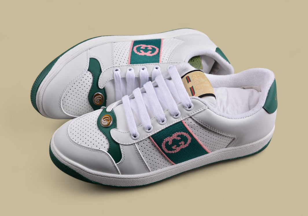 Gucci White Ace Sneakers Classic Leather Low-Tops with Green & Pink Web Stripe
