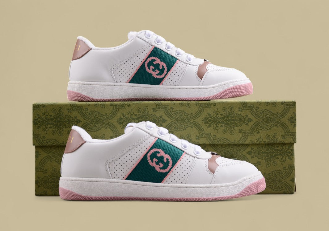Gucci White Ace Sneakers Pink & Green Stripe Low-Tops with Blush Accents