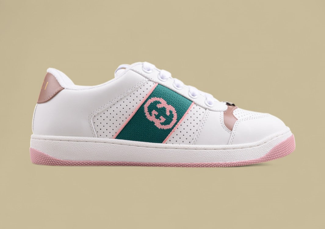 Gucci White Ace Sneakers Pink & Green Stripe Low-Tops with Blush Accents