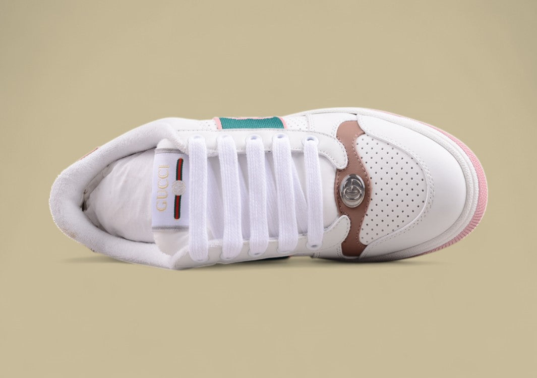 Gucci White Ace Sneakers Pink & Green Stripe Low-Tops with Blush Accents