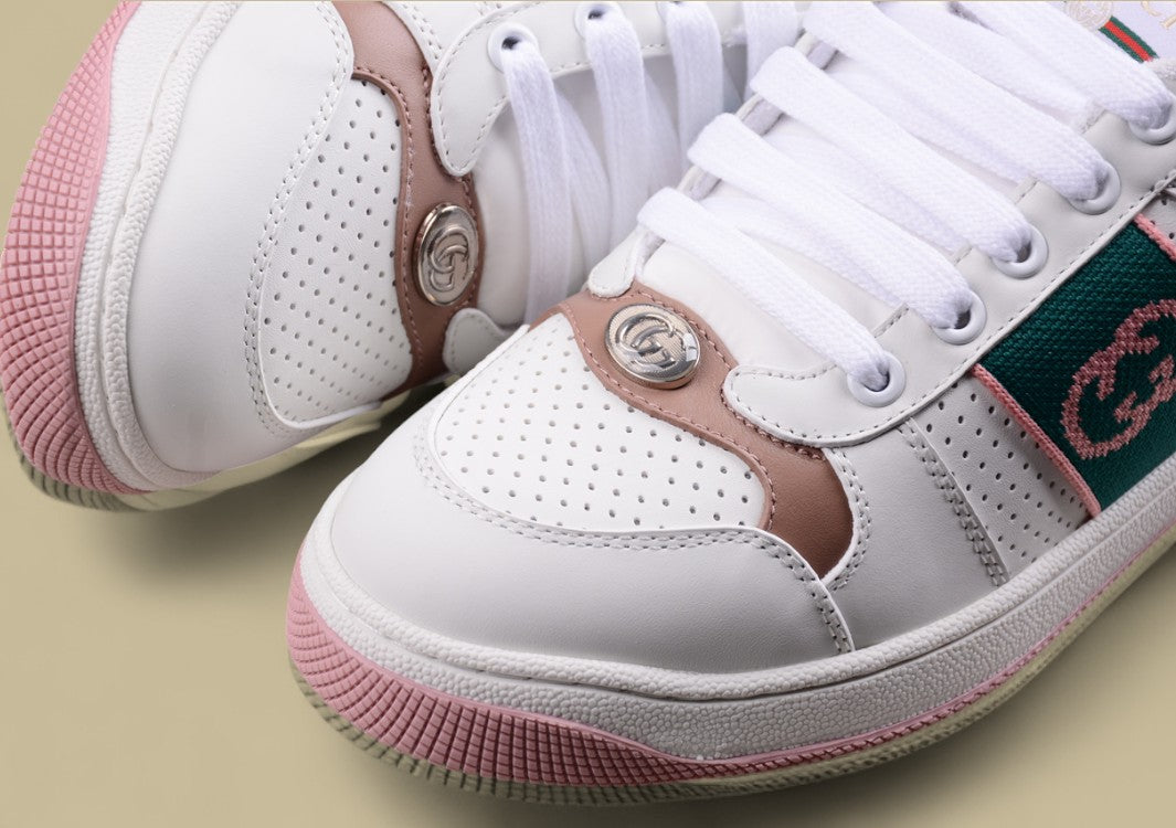 Gucci White Ace Sneakers Pink & Green Stripe Low-Tops with Blush Accents
