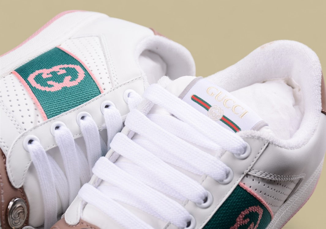 Gucci White Ace Sneakers Pink & Green Stripe Low-Tops with Blush Accents