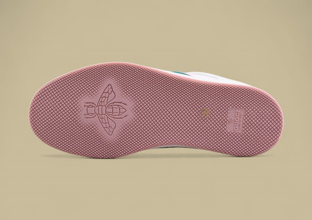 Gucci White Ace Sneakers Pink & Green Stripe Low-Tops with Blush Accents