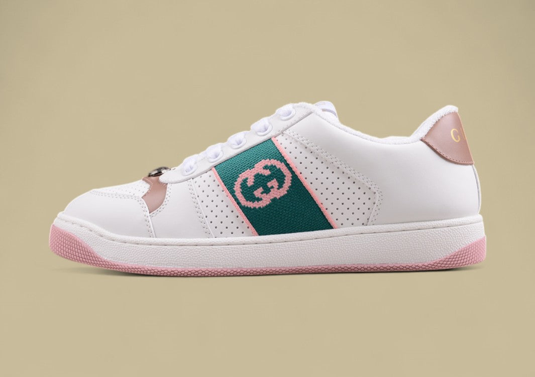 Gucci White Ace Sneakers Pink & Green Stripe Low-Tops with Blush Accents