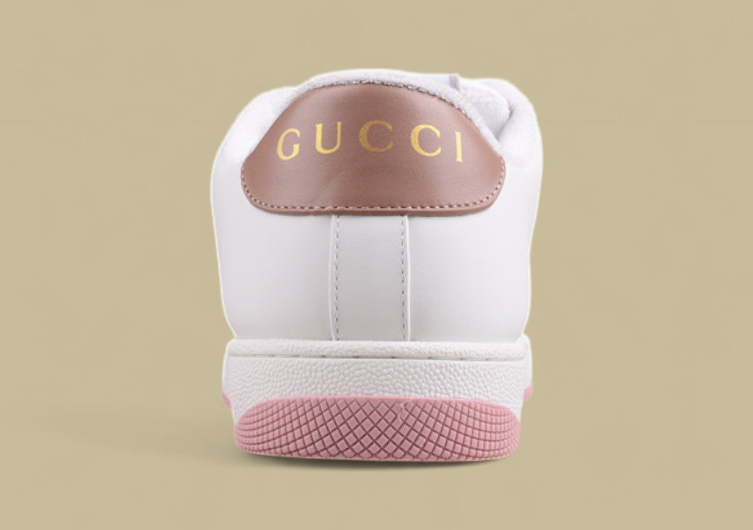 Gucci White Ace Sneakers Pink & Green Stripe Low-Tops with Blush Accents