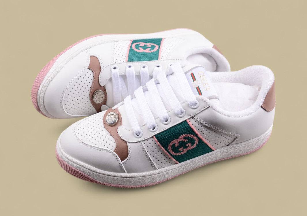 Gucci White Ace Sneakers Pink & Green Stripe Low-Tops with Blush Accents