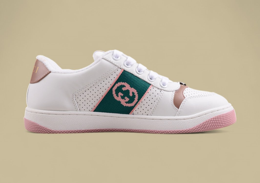 Gucci White Ace Sneakers Pink & Green Stripe Low-Tops with Blush Accents