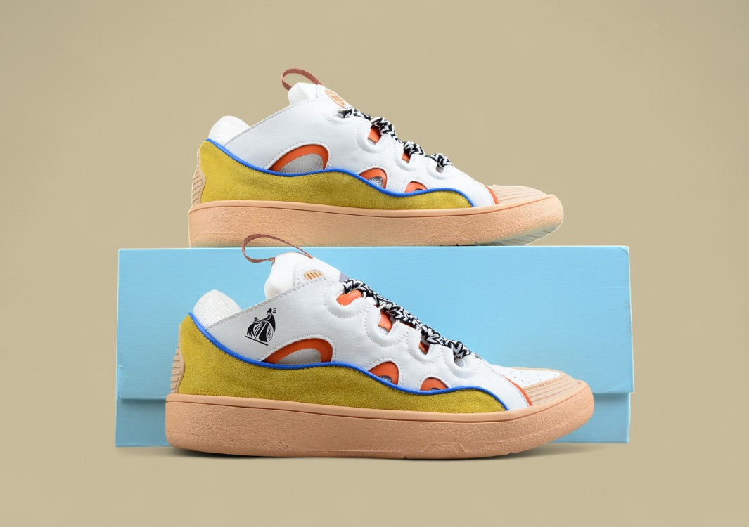 Lanvin Curb Series Casual Sports Shoes White Mustard Orange Blue Trim Replica