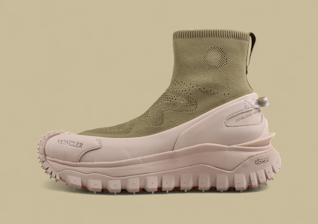 Moncler Trailgrip Knit Sock Sneaker - Olive Green & Beige Mid-Top
