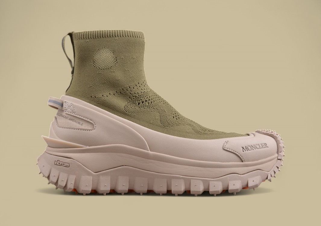 Moncler Trailgrip Knit Sock Sneaker - Olive Green & Beige Mid-Top
