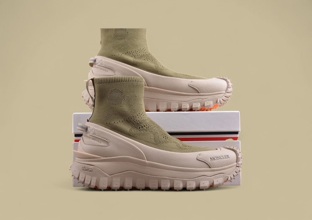 Moncler Trailgrip Knit Sock Sneaker - Olive Green & Beige Mid-Top