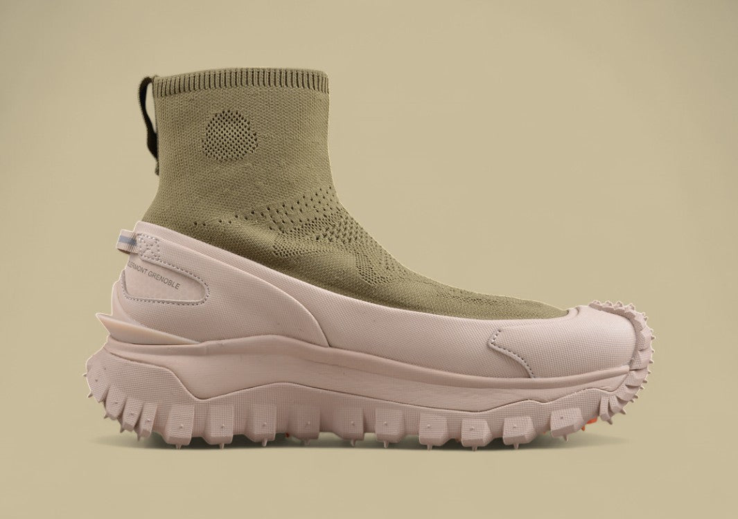 Moncler Trailgrip Knit Sock Sneaker - Olive Green & Beige Mid-Top