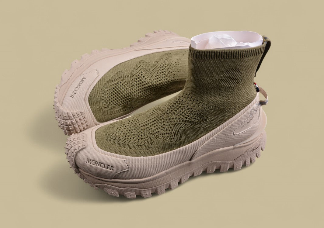 Moncler Trailgrip Knit Sock Sneaker - Olive Green & Beige Mid-Top