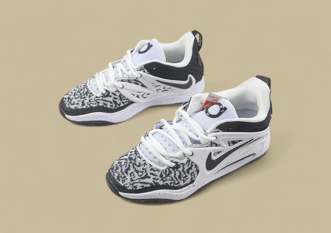 Nike KD Basketball Shoes Black and White Knit Upper with Speckled Midsole and Bold Swoosh