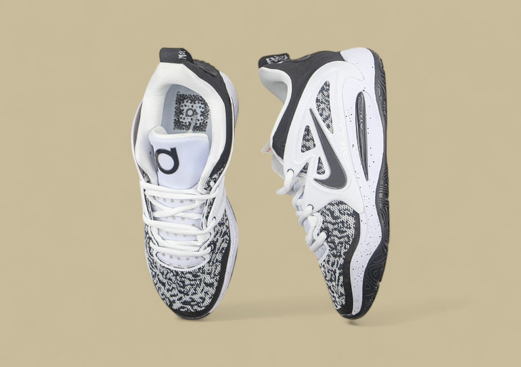 Nike KD Basketball Shoes Black and White Knit Upper with Speckled Midsole and Bold Swoosh